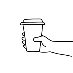Hand drawn doodle sketch vector illustration of male or female hand in a side view holding coffee or tea disposable to go paper cup. Isolated on white background.
