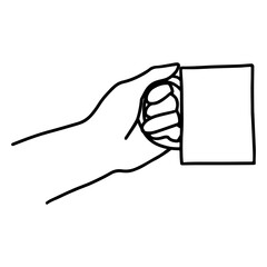 .Hand drawn doodle sketch vector illustration of hand in a side view holding coffee or tea mug. Isolated on white background..