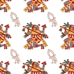 Aztec cacao seamless pattern design. Line art style. Vector illustration.