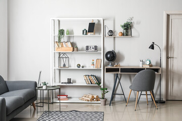 Interior of modern room with book shelf
