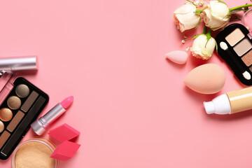 Composition with decorative cosmetics and flowers on color background