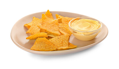 Plate with tasty nachos and sauce on white background