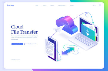 Cloud file transfer isometric landing page, hosting media server, service for private information upload and download. Gadgets connected in network system, digital data migration, 3d vector banner