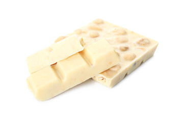 Delicious chocolate with nuts on white background