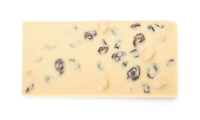 Chocolate with nuts and raisins on white background