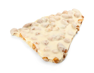 Piece of tasty chocolate with nuts on white background
