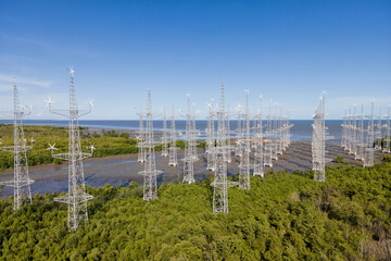 Wind turbines offshore wind farm in sunny day, Clean energy renewable energy and environment, Eco technology for electric power.	