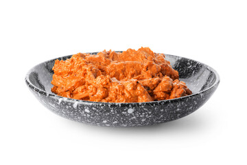 Bowl of tasty chicken tikka masala on white background