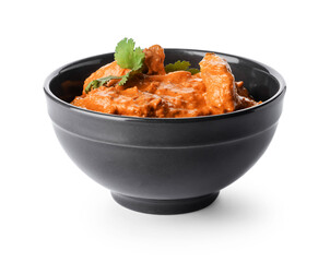 Bowl of tasty chicken tikka masala on white background