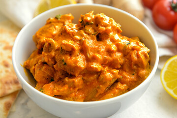 Bowl of tasty chicken tikka masala on table, closeup