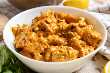 Bowl of tasty chicken tikka masala on table