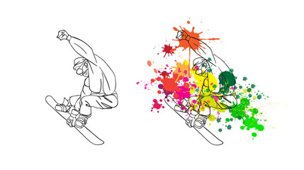 Ski and snowboard. Winter sport creative poster design. Cartoon style character on vintage background. Vector illustration.