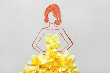 Drawn woman in dress made of beautiful daffodils on grey background