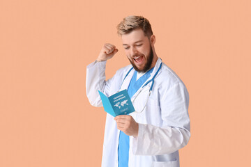 Happy doctor with immune passport on color background
