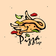 The logo is flying on the wings of a pizza. Cartoon logo for pizza restaurant and delivery service.