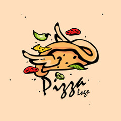 The logo is flying on the wings of a pizza. Cartoon logo for pizza restaurant and delivery service.