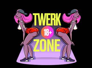Obraz premium Twerk poster design. Cartoon style girl. Poster for booty dance course or battle. Vector illustration.
