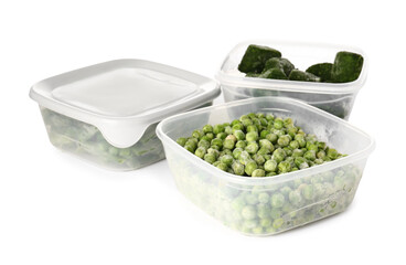 Plastic containers with frozen vegetables on white background