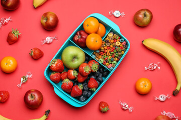 Lunchbox with tasty food on color background
