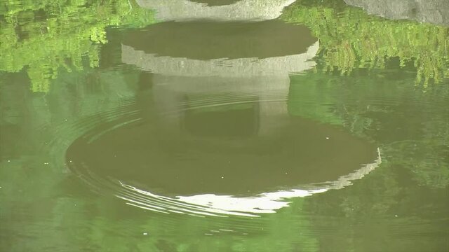 Reflection of a Japanese snow lantern (yukimi doro) in pond water.
