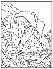 Mono line illustration of Zion Canyon in Zion National Park located in Springdale, Utah, United States of America done in retro black and white monoline line art style.