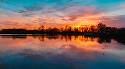 Beautiful sunset with reflections near Plattling, Isar, Bavaria, Germany