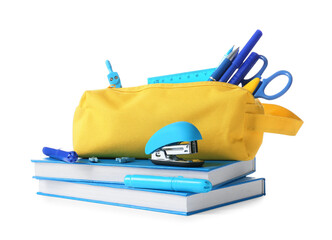 Pencil case and stationery on white background