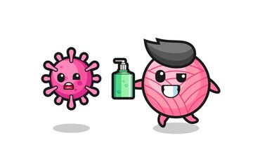 illustration of yarn ball character chasing evil virus with hand sanitizer