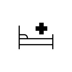 Hospital or medical bed black line icon. Hospital badge on white background. Trendy flat isolated symbol sign for: illustration, outline, logo, mobile, app, design, web, dev, ui, ux. Vector EPS 10