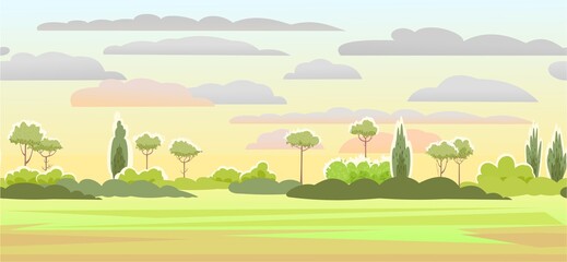 Rural summer beautiful landscape. Sunrise. Plain with trees and shrubs on horizon. Cartoon style. Seamless. Romantic beauty. Background. Flat design illustration. Vector art