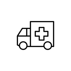 Ambulance vehicle, black line icon, over white background. Medical ambulance concept. Isolated symbol sign for: illustration, outline, logo, mobile, app, design, web, dev, ui, ux, gui. Vector EPS 10