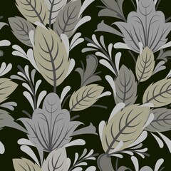 Summer vegetable seamless pattern. Pretty. Beautiful ornament with interlacing branches and flowers on a dark background. Flatly symbolic style. Country wild herbs. Vector