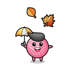 cartoon of the cute yarn ball holding an umbrella in autumn