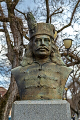 Fototapeta na wymiar Statue of Rakoczi Ferenc on April 23, 2021 in Targu-Mures. Rakoczi Ferenc was the prince of Transylvania in the 18th century