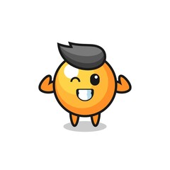the muscular ping pong ball character is posing showing his muscles