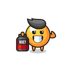 the muscular ping pong ball character is holding a protein supplement