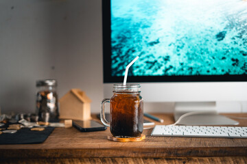 Iced Americano iced latte on table in home