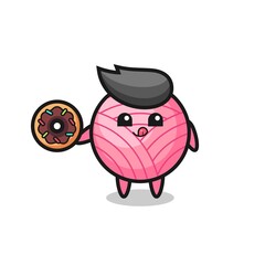 illustration of an yarn ball character eating a doughnut
