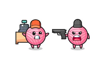 illustration of the cute yarn ball as a cashier is pointed a gun by a robber