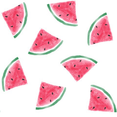 背景イラスト）カットスイカのゆるい水彩手描きイラスト・シームレスパターン
