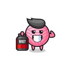 the muscular yarn ball character is holding a protein supplement