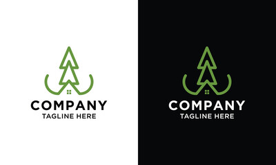 letter W Pine home Logo Design line art Vector.on a black and white background.