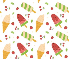 Ice cream, fruits and mint seamless pattern. Horn, spiral and watermelon ice cream. Vector illustration in a flat style.