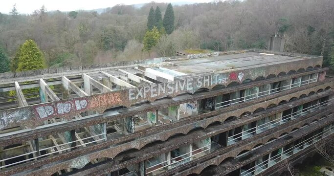 Exterior view of St Peter's Seminary near Cardross, Scotland. Aerial forward
