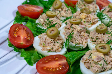 chicken eggs stuffed with tuna and herbs