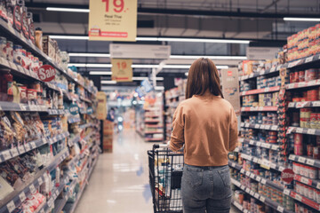 Female customer shopping at supermarket with trolley.