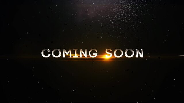 Coming Soon intro title 3d animation . futuristic cinematic title of Silver Coming Soon text with lens flare gold effect , particles and spark . simple , elegant and modern