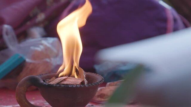 Deepam lamp with fire flame. Traditional fire lamp at Indian poojas