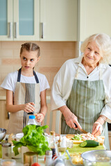 Happy family different generations cooking together, chopping food for lunch, preparing delicious tasty meal for family, having talk, teach and learn cooking, grandparents and grandchildren