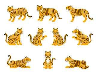 Fototapeta na wymiar 色々なポーズの虎のイラストセット（立つ、座る、伏せる）